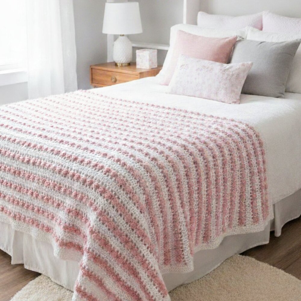 Pink And White Crochet Ombre Blanket 51" X 79"